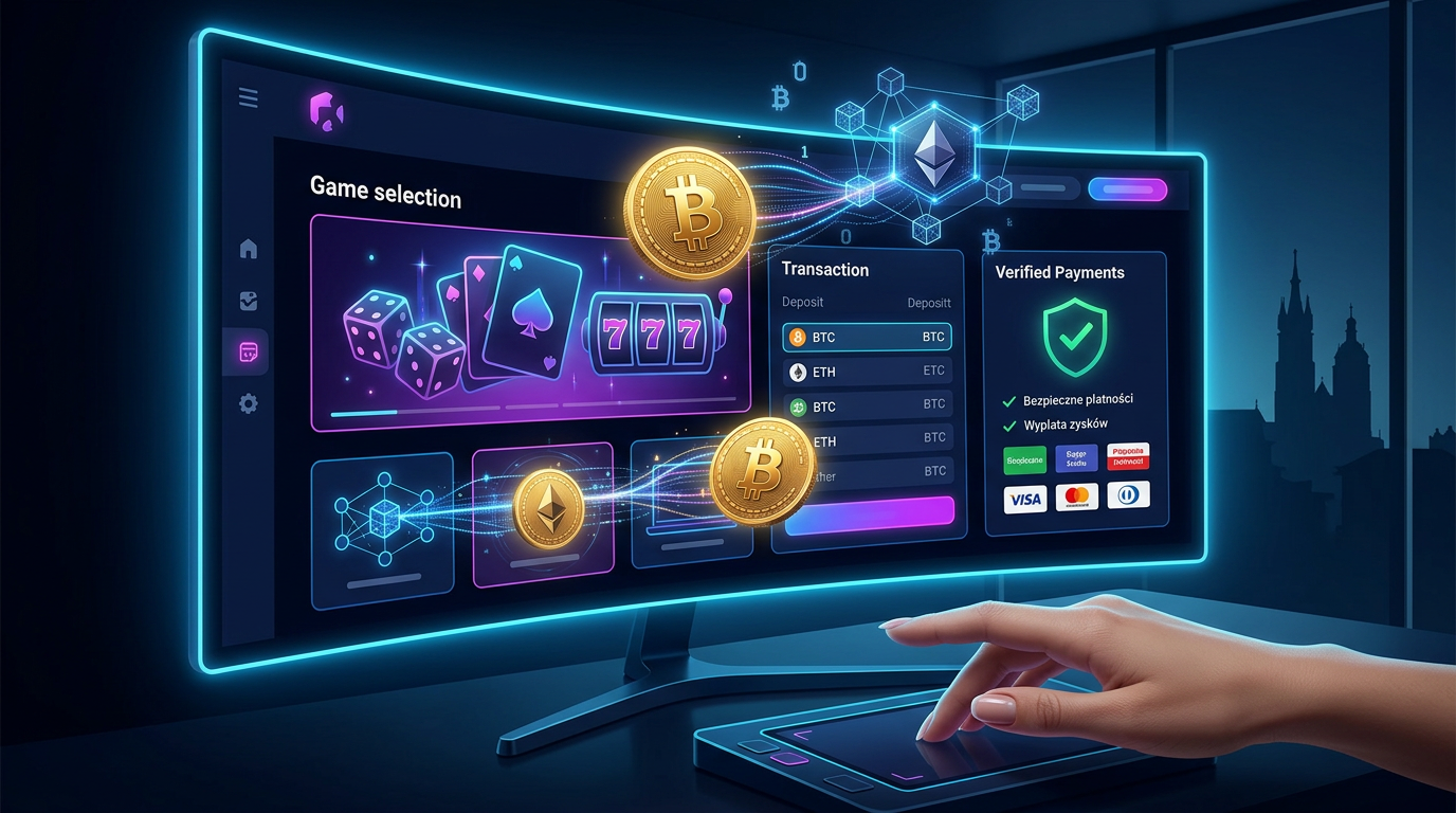 Futurystyczny interfejs kasyna online z kryptowalutami i technologią blockchain