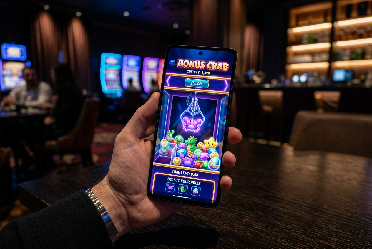 Nowoczesny interfejs kasyna online na smartfonie z neonowymi ikonami gier i funkcją Bonus Crab