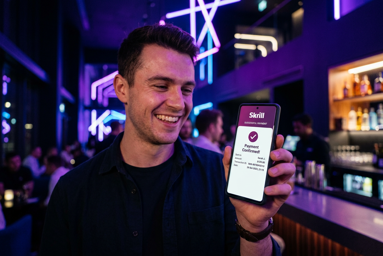 Zadowolony gracz trzymający smartfon z potwierdzeniem udanej płatności w aplikacji Skrill